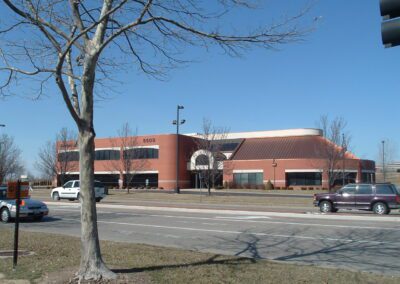 A bare tree in front of a building.