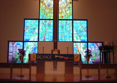 A stained glass window in a church.