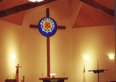 Wooden pews in a church.
